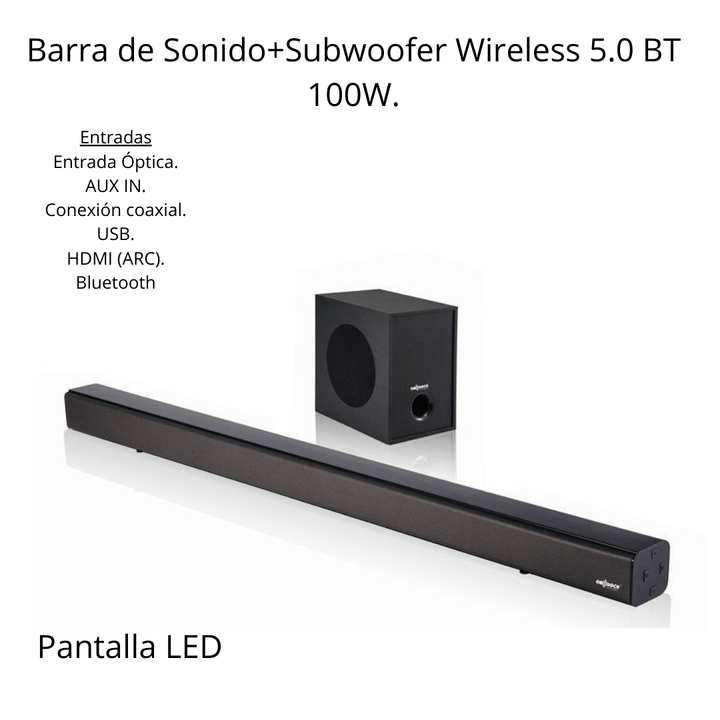 Barra de Sonido+Subwoofer Wireless 5.0 100W. Home Cinema