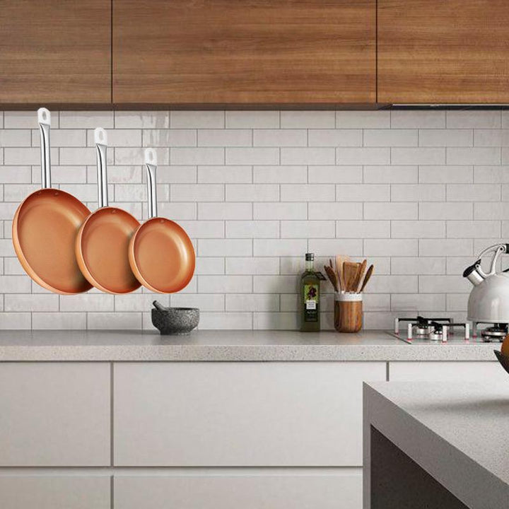 SET 3 SARTENES ANTIADHERENTES DE COBRE + 2 TAPAS DE CRISTAL 🎁